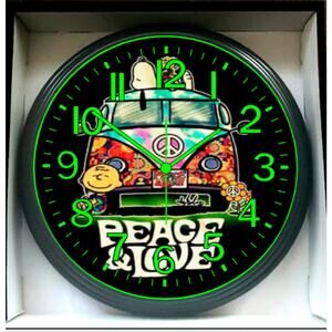 Snoopy Peanuts Flower Power Peace Love Wall Clock - Black and Glow In Dark Green